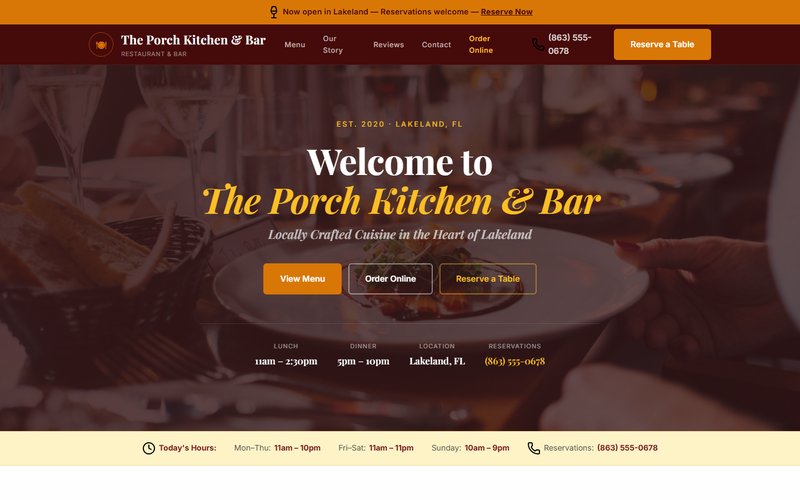 The Porch Kitchen & Bar website screenshot